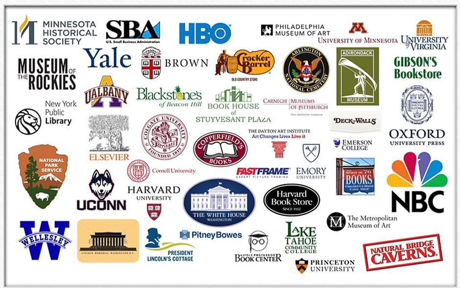 Logos of institutional and wholesale clients including the White House, the Metropolitan Museum of Art, the National Park Service, HBO, NBC, Harvard, Yale, Princeton, Oxford University Press, Elsevier, Cracker Barrel and the New York Public Library