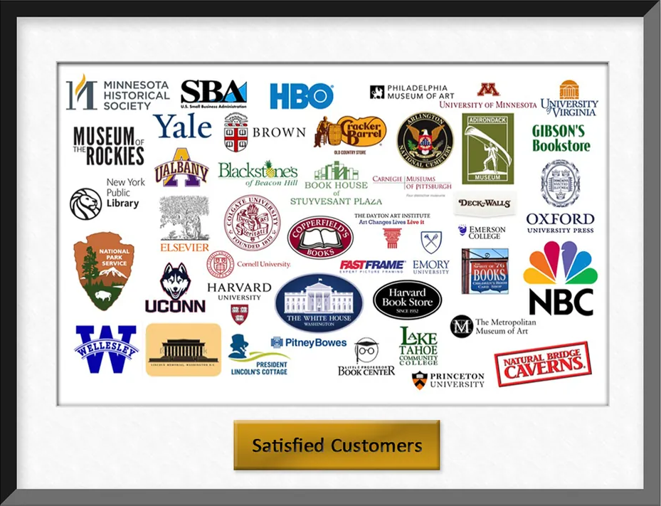 Logos of institutional and wholesale clients including the White House, the Metropolitan Museum of Art, the National Park Service, HBO, NBC, Harvard, Yale, Princeton, Oxford University Press, Elsevier, Cracker Barrel and the New York Public Library